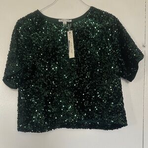 She + Sky Emerald Sequin Boxy Crop Top